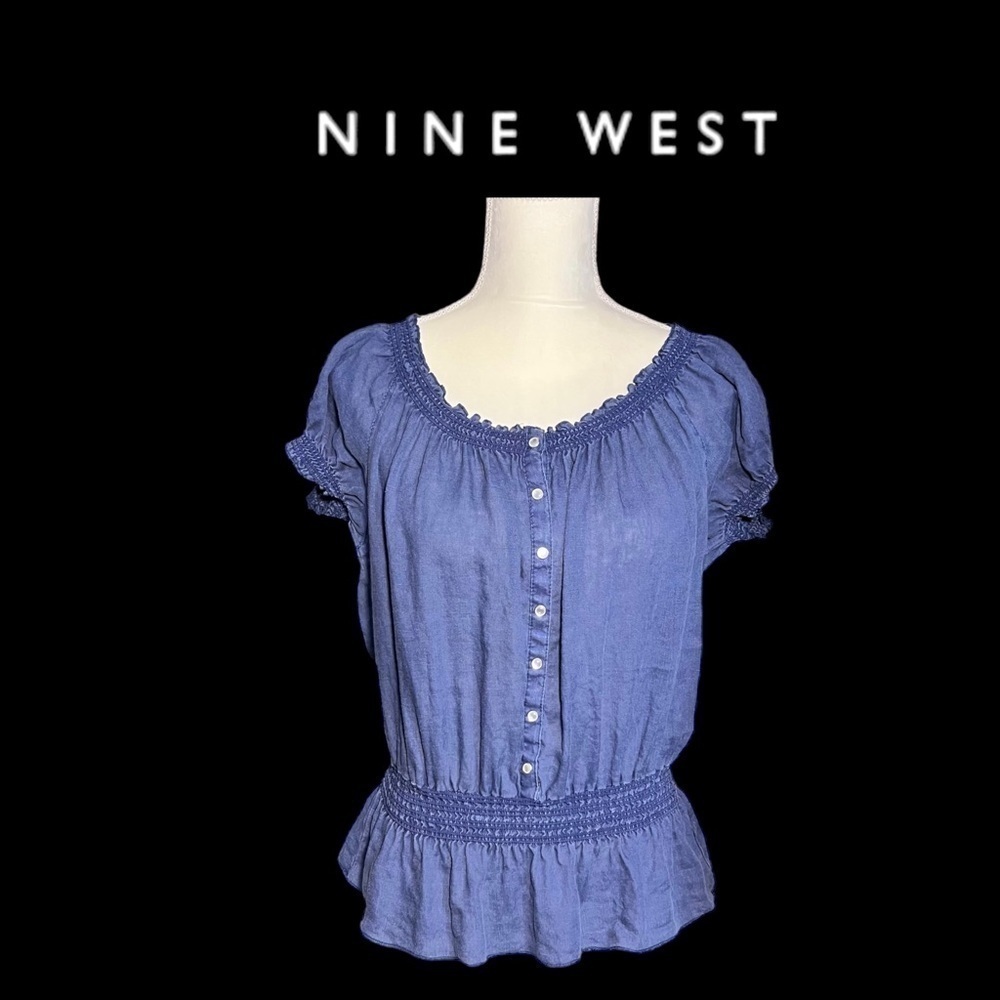NINE WEST (EUC) 100% Linen Peplum Top Size Large - Picture 1 of 8
